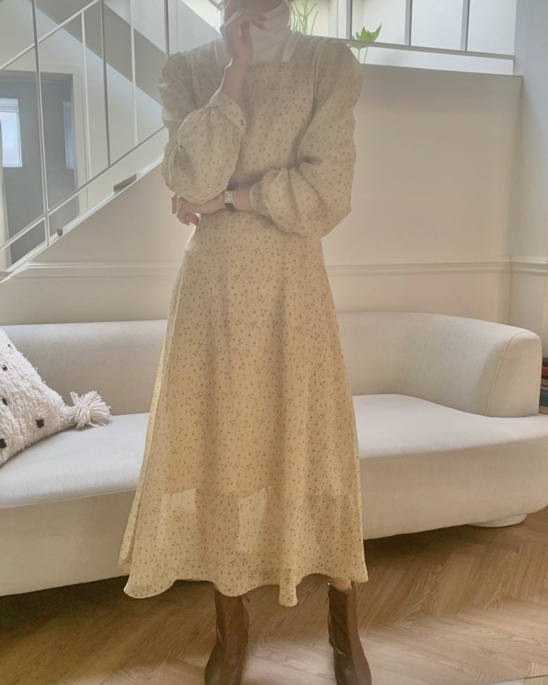 애나 플라워 롱 원피스 3col 간절기 빈티지 유럽 여성 퍼프 스퀘어 셔링 드레스
