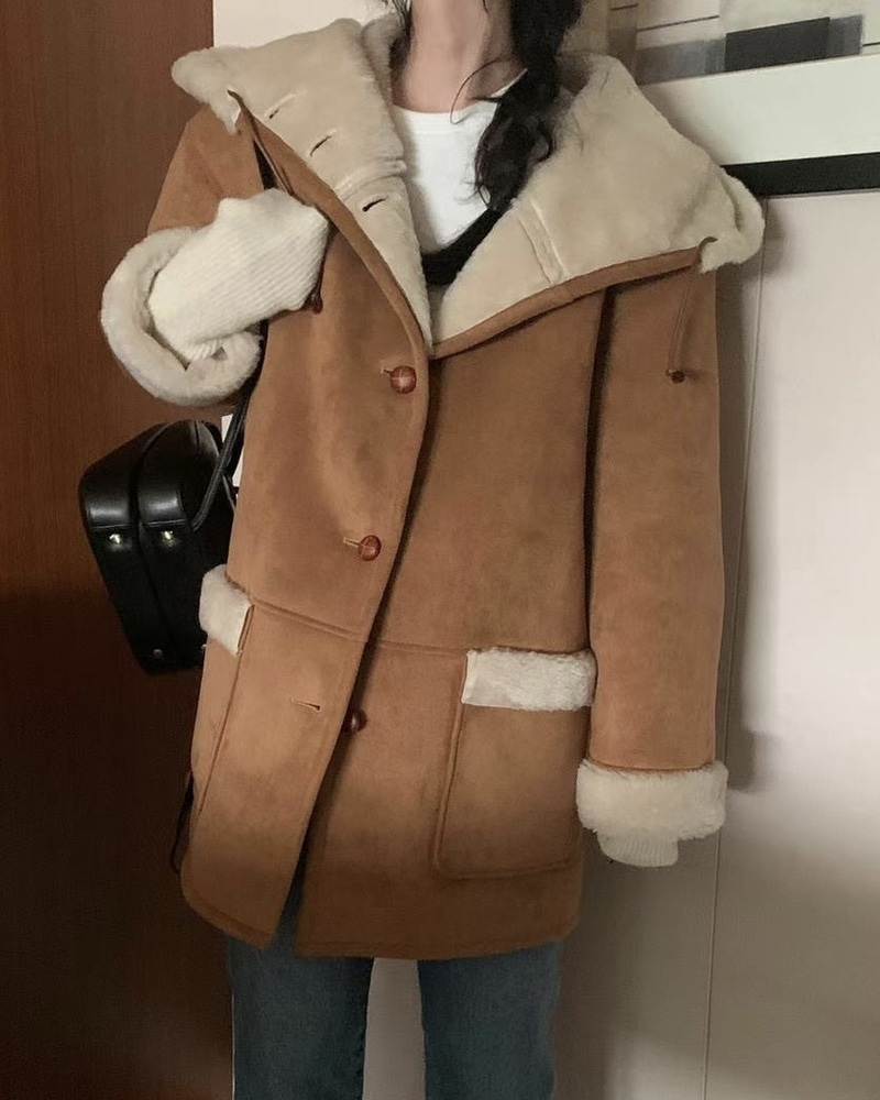 후드 무스탕 코트 2col 겨울 포켓 버튼 여성 캐주얼 데일리 미디 코트