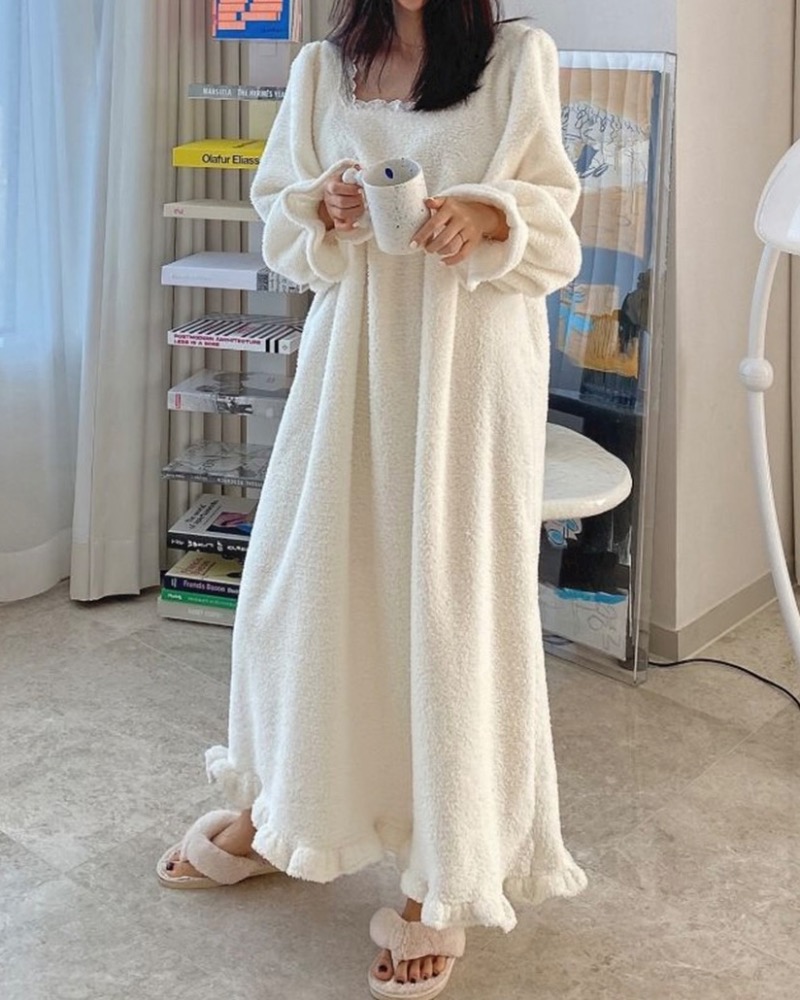 프랑 수면 잠옷 원피스 파자마 홈웨어 2col 레이스 공주 드레스 기모 극세사 따뜻한 겨울 여성 잠옷